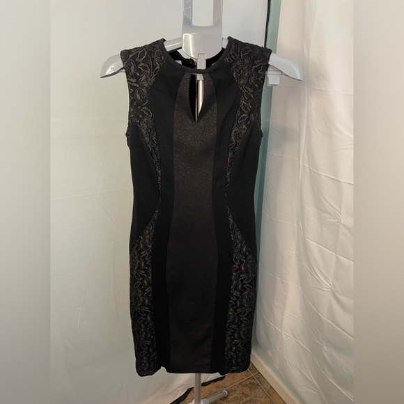 Cache Black Gold Dress Size 0‎ Women’s Bodycon Stretch Back Zipper Gorgeous! - Picture 1 of 10